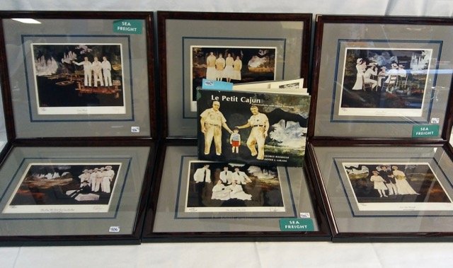 George Rodrigue Ltd Ed Signed and Numbered Framed: This lot includes: The Day We Told Tee Coon Goodbye, 529/1000; Let's Get Married, 701/1000, signed; We Together, 664/1000, signed; Playing Bourre, 850/1000, signed; The Rose of My Life, 628/1000, sign