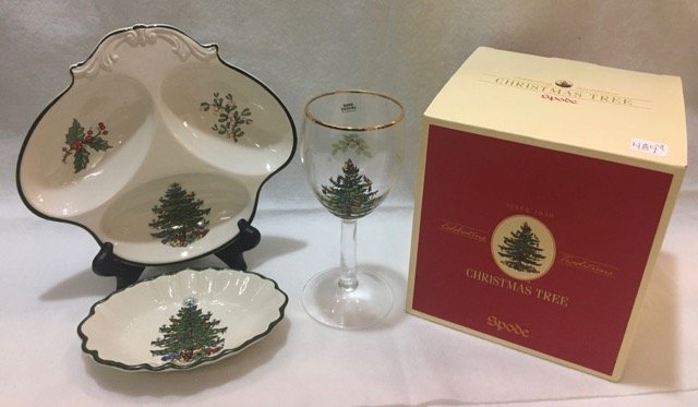 Christmas Cuthbertson and Spode Glassware: Two Cuthbertson dishes and a boxed set of Spode stemmed wines. 9" x 8"; 6-1/4" x 4-1/2"; 7" high