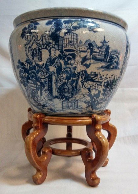 Large Blue and White Planter on Stand (1 of 6)