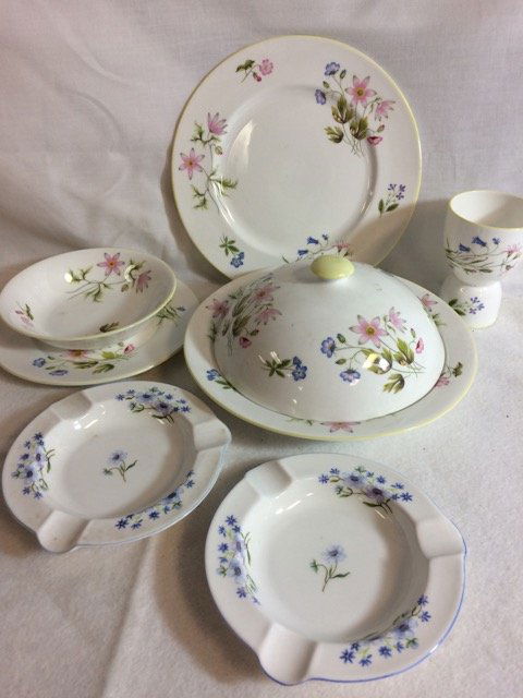English Shelley Breakfast Set: Plate, covered bowl, and egg cup. Marked Shelley, Fine Bone China, England, Wild Anenome, 14167. 8" wide; 8" wide; 3-3/4" high; together with two Shelley ashtrays.