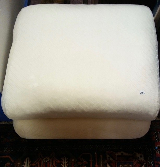 Thayer Coggin Fabric Ottoman: White ottoman. Possibly Milo Baughman. Top cushion has been cleaned, base in need of cleaning. Original labels for Thayer Coggin Furniture Co. 25" x 28" x 15"