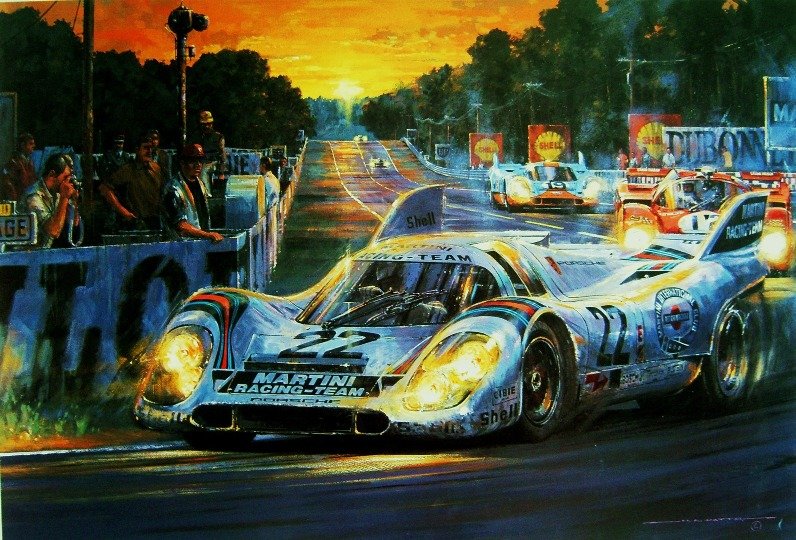 Nicholas Watts "As Darkness Beckons-Le Mans 1971": Hand signed and numbered lithograph on paper; Image size 21" x 28", edition of 500 with additional signatures of Dr. Helmut Marko, Gijs van Lennep