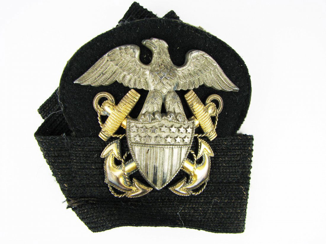 WWII Navy Officer Barracks Hat Badge 2-Piece Pin Cap: 2" x 2 1/2" 2-Piece Badge w/ 2 screw backs & Original Band Stamped Viking Sterling + 1/20 10k