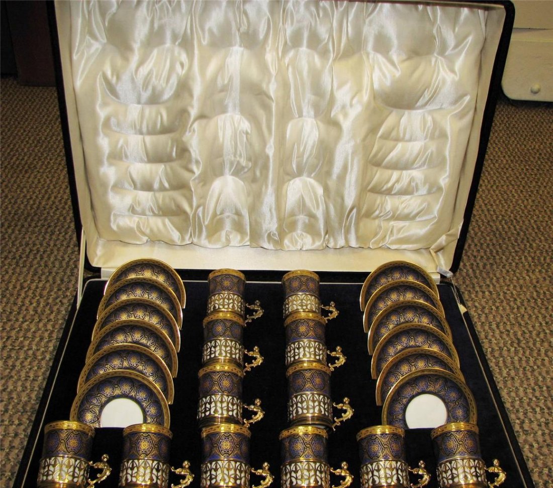 12 Limoges Porcelain, Adie Brothers Sterling Demitasse: Sterling silver and Limoges porcelain dinnerware espresso, demitasse set of 12. Mixture of J. Pouyat Limoges France porcelain and renowned Adie Bros Birmingham England silver. Reticulated, Gold Wash S