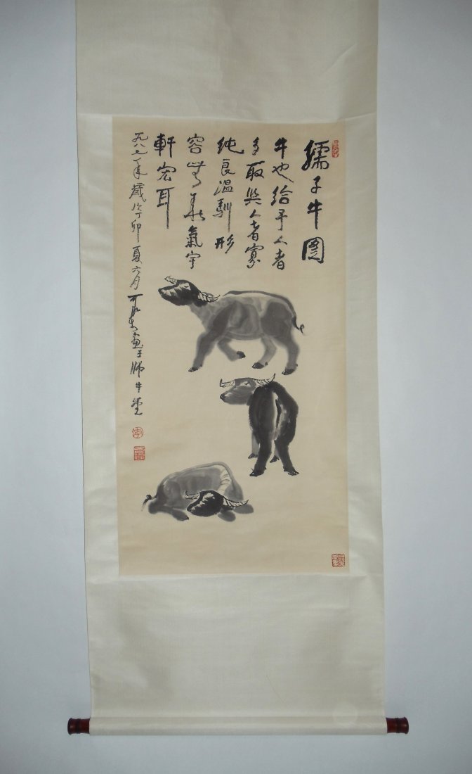 Water Buffaloes Attributed to Li Keran: Hanging Scroll of Water Buffaloes Attributed to Li Keran (1907-1989) 37 X 19¼ inches 93.98 X 18.90 cm Ink on Paper Dated 1978 Inscribed & signed with four artist seals.李可染款