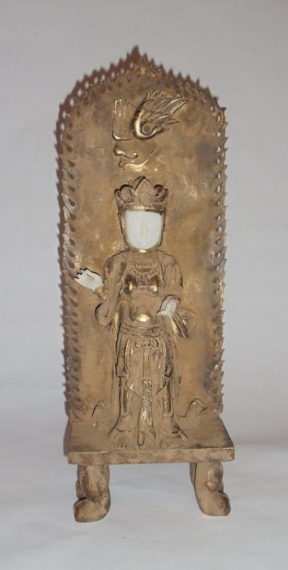 A Painted Hard Stone Buddhist Statue: A Painted Hard Stone Buddhist Statue with Back-Drop Height: 22¼” (56.52 cm)石雕佛像