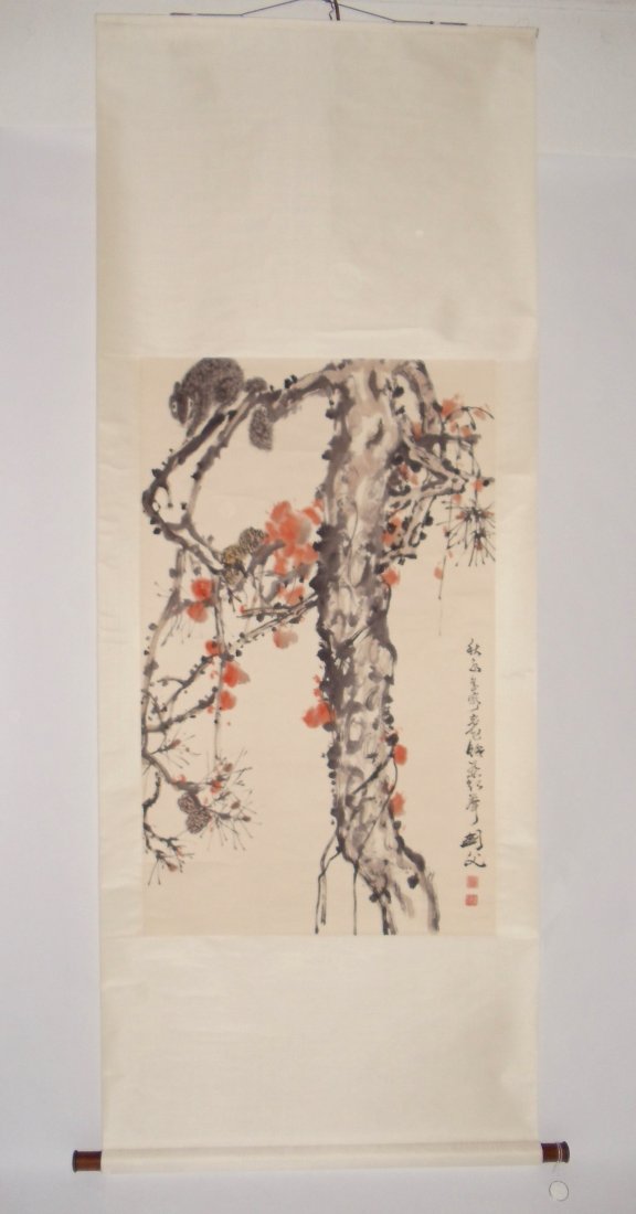 A Squirrel on Pine Attributed to Gao Jianfu: Hanging Scroll of a Squirrel on Pine Attributed to Gao Jianfu (1878 - 1951)Ink & Color on Paper Inscribed and signed Jianfu with two artist seals 37⅝ x 22⅛ inches 95 x 58 cm高劍
