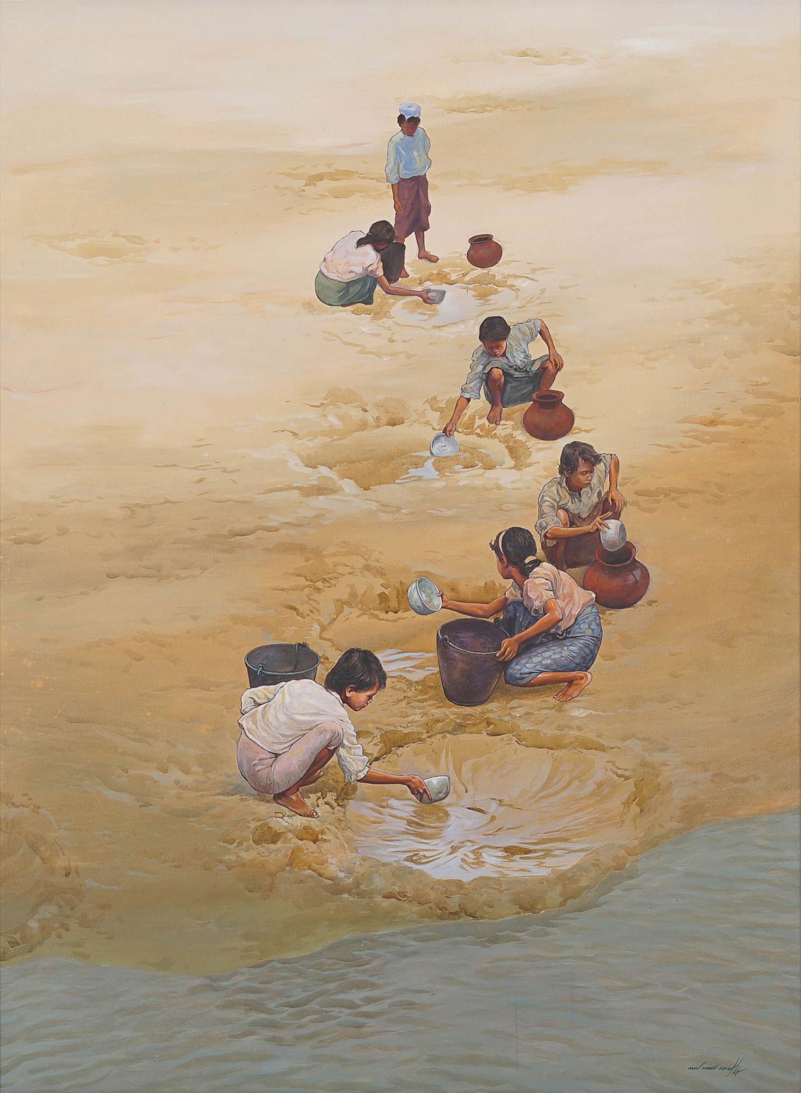 MIN WAE AUNG | Collecting Water: 120 x 90 cm ; 137 x 107 ( with frame ) oil on canvas, framed signed and dated 97 lower right This work is located in Singapore