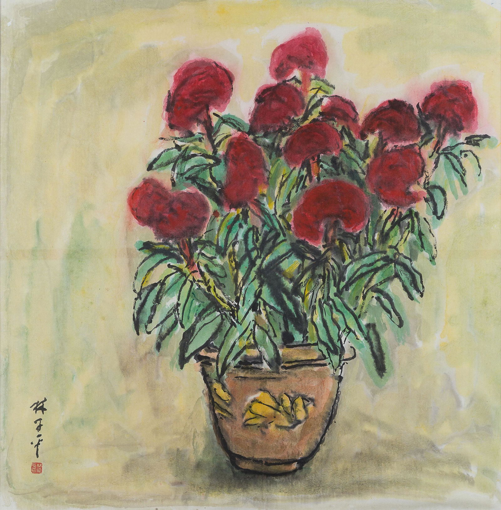 LIM TZE PENG | Pot of Flowers: 95 x 95 cm; 134 x 132 cm (with frame) ink and colour on paper, framed signed in Chinese and stamped with a seal lower left This work is located in SINGAPORE Estimates: IDR 160,000,000 - 220,000,000 Pl