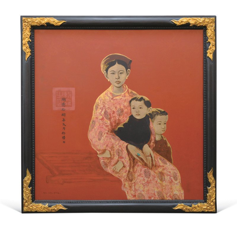 Bui Huu Hung (Vietnamese, b.1957) Mother and Children: lacquer on panel, 122 x 122 cm; 141 x 141 cm (with frame), signed lower left