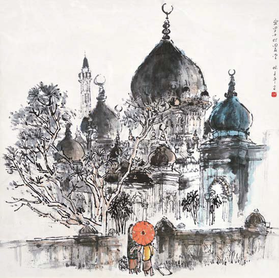 LIM TZE PENG (b.1923) Zahir Mosque, Alor Setar: ink and colour on paper, framed, 68 x 68 cm, signed in Chinese and stamped with one seal of the artist uppper right Provenance Private collection, Malaysia