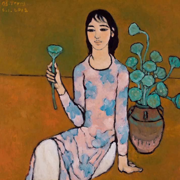NGUYEN TRUNG (b.1940) Girl with Lotus Flower: oil on canvas, 99.5 x 99.5 cm, signed and dated 6.1.2012 upper left