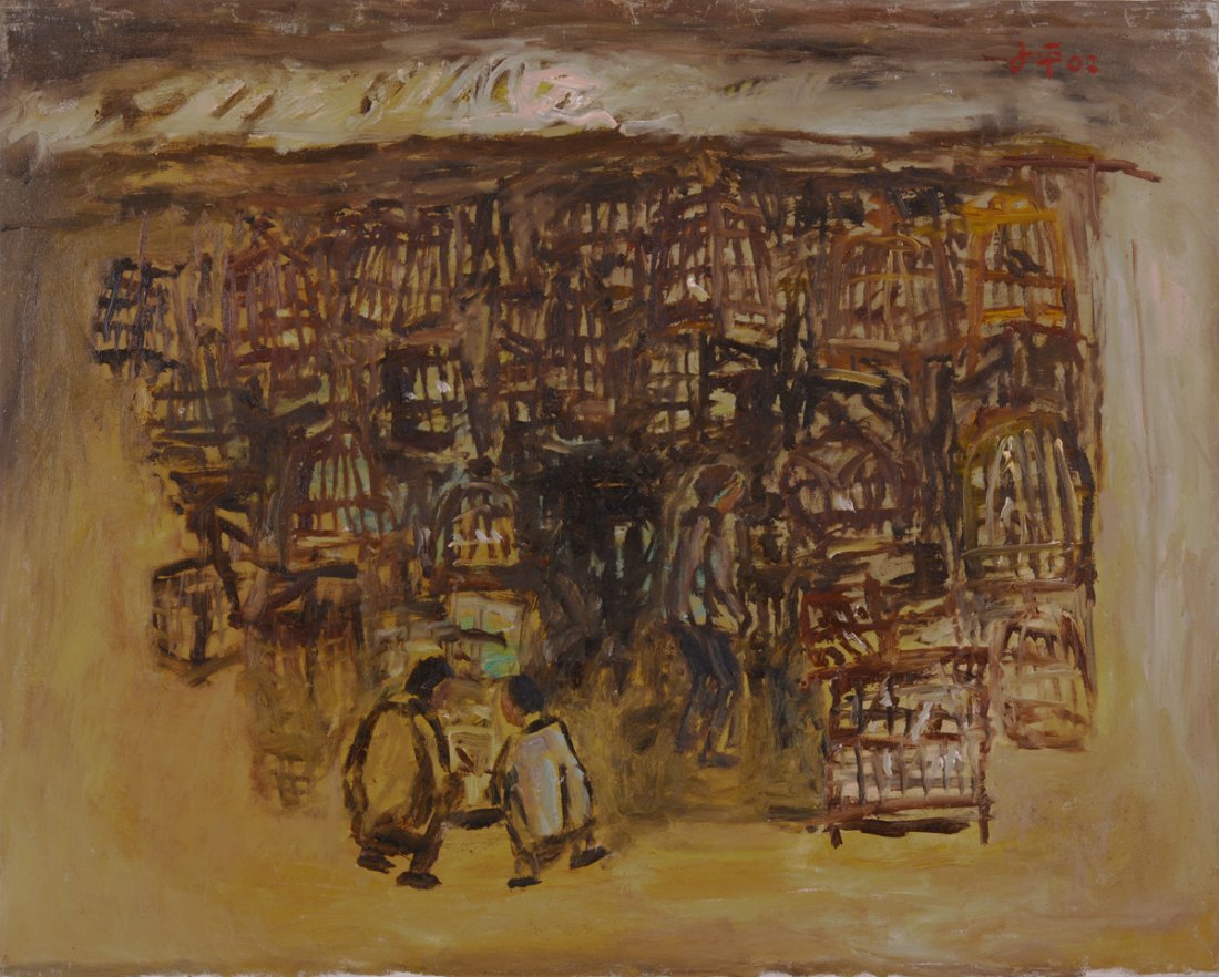 LIM TZE PENG | Bird Cages In Market: oil on canvas | 66 x 82 cm | signed and dated 2002 in Chinese upper right