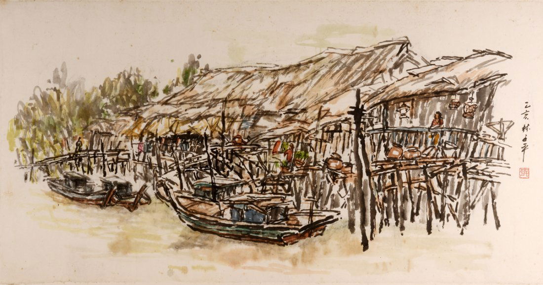 LIM TZE PENG | Boat Houses: ink and colour on paper | 75 x 128 cm | signed in Chinese and stamped with one seal of the artist middle right