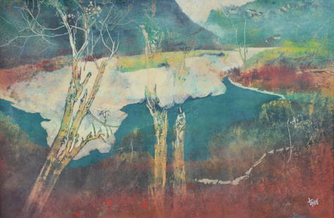 THOMAS YEO | Overlooking The Hill Tree Tribe: mixed media on paper laid on board | 56.5 x 87 cm | signed in English lower right