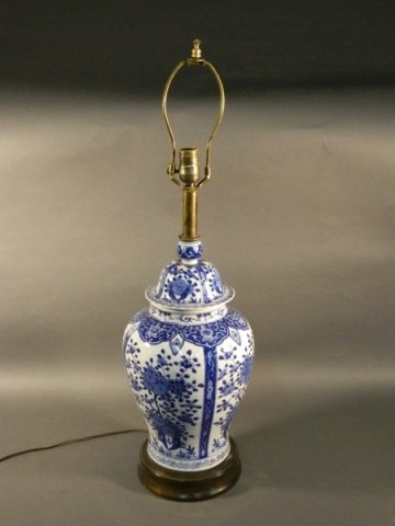 Large Chinese Blue & White Ginger Jar Lamp: Large Chinese Blue & White Ginger Jar Lamp Porcelain finial has been broken and repaired.