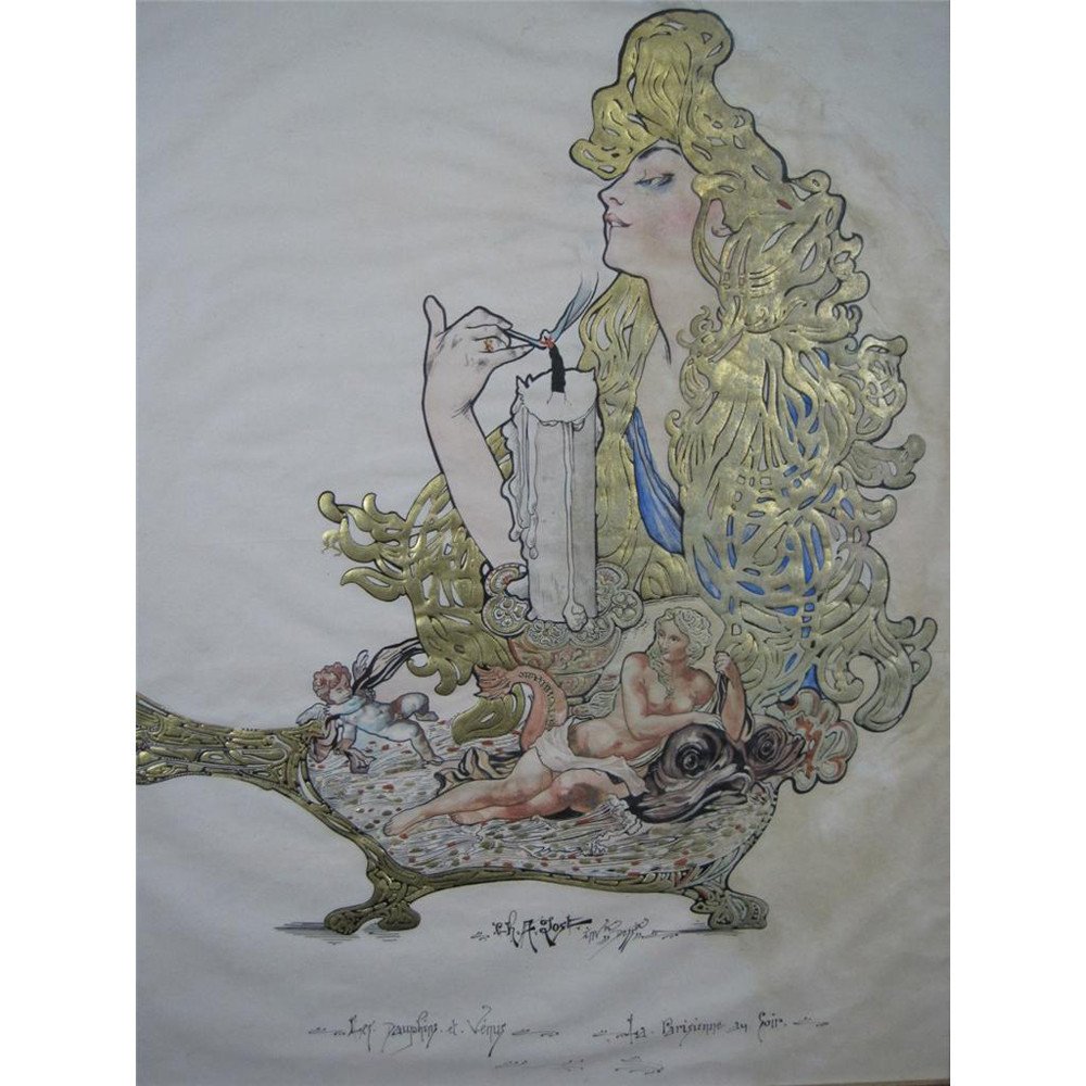 "LES DAUPHINS ET VENUS" BY CH. A. TOST.: Title: "Les Dauphins et Venus". mixed media on paper. watercolor Original/ Reproduction: original Signed: yes Medium: watercolor, mixed media, gold and ink on paper Subject: Painting is a very English