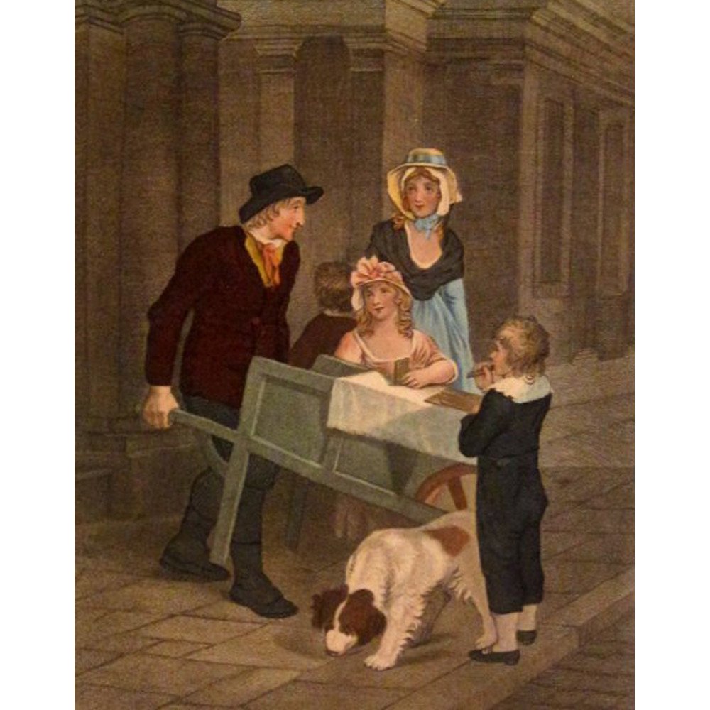 ORIGINAL FRANCIS WHEATLEY CRIES OF LONDON ENGRAVING #12: "Cries of London - Hot Spice Gingerbread". Plate 12, Engraving by Engraver D'apres Vendramini. The "Cries of London" was a recurring theme in English printmaking for over three centuries. These colour