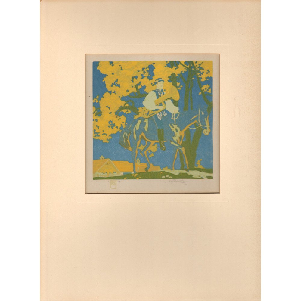 VOJTECH PRESSIG ORIGINAL 1916 WOODBLOCK PRINT SIGNED: Vojtech Pressig Original 1916 Woodblock Print Signed. Image Size: 6.25" x 6.25" Image Size with Canvas: 12" x 16" Vojtěch Preissig was a Czech typographer, printmaker, designer, illustrator, pain