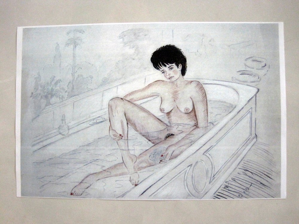 Original Sue Wagner Illustration Print 1989: This original copy of one of 6 illustrations by Sue Wagner was sent to Bob Guccione with intent of sale of the original. The female subject was intended to be Kathy Keaton. The male subject, Bob Gucci
