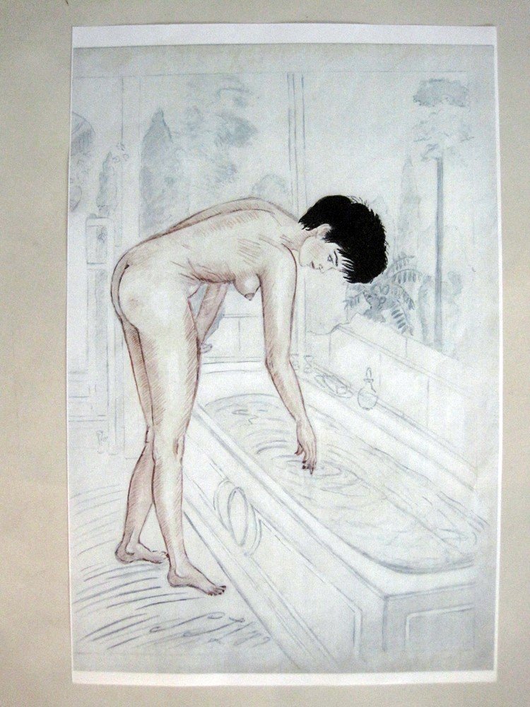Original Sue Wagner Illustration Print 1989: This original copy of one of 6 illustrations by Sue Wagner was sent to Bob Guccione with intent of sale of the original. The female subject was intended to be Kathy Keaton. The male subject, Bob Gucci