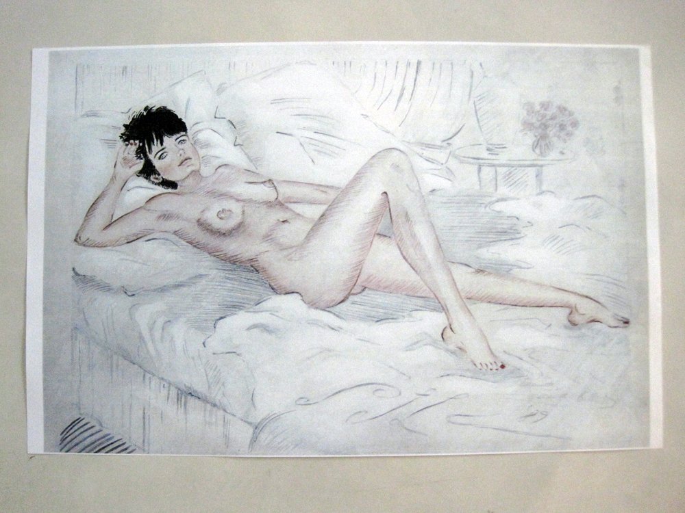Original Sue Wagner Illustration Print 1989: This original copy of one of 6 illustrations by Sue Wagner was sent to Bob Guccione with intent of sale of the original. The female subject was intended to be Kathy Keaton. The male subject, Bob Gucci