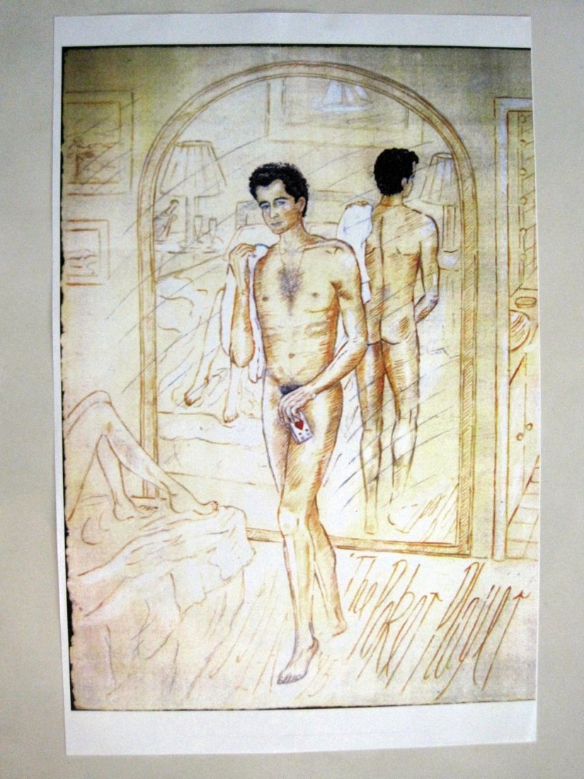 Original Sue Wagner Illustration Print 1989: This original copy of one of 6 illustrations by Sue Wagner was sent to Bob Guccione with intent of sale of the original. The female subject was intended to be Kathy Keaton. The male subject, Bob Gucci