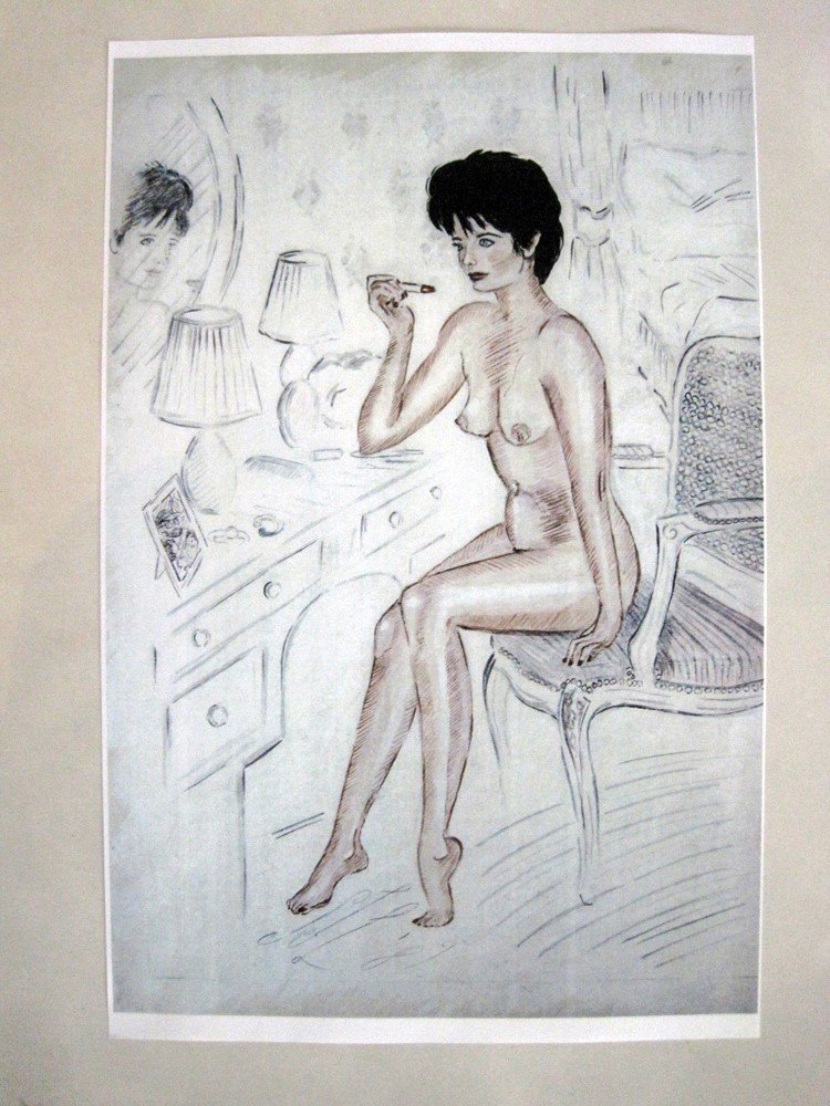 Original Sue Wagner Illustration Print 1989: This original copy of one of 6 illustrations by Sue Wagner was sent to Bob Guccione with intent of sale of the original. The female subject was intended to be Kathy Keaton. The male subject, Bob Gucci