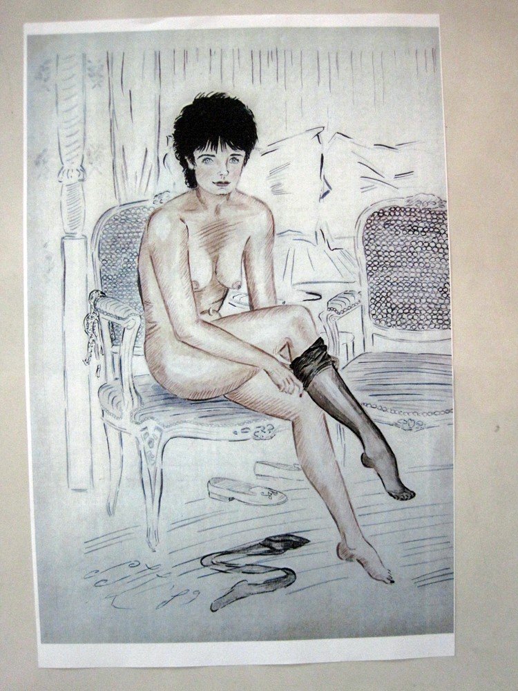 Original Sue Wagner Illustration Print 1989: This original copy of one of 6 illustrations by Sue Wagner was sent to Bob Guccione with intent of sale of the original. The female subject was intended to be Kathy Keaton. The male subject, Bob Gucci