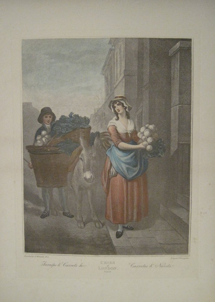 ORIGINAL FRANCIS WHEATLEY CRIES OF LONDON ENGRAVING #13: "Cries of London - Turnips & Carrots" Plate 13, Engraving by T Gaugain. The "Cries of London" was a recurring theme in English printmaking for over three centuries. These colorful prints form a visual