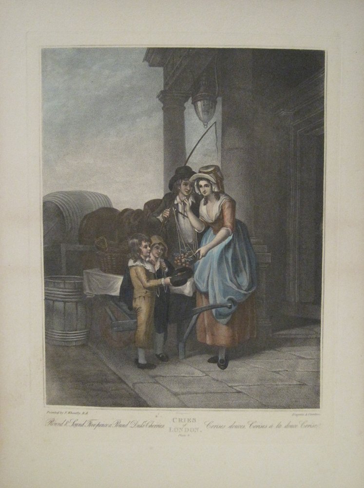 ORIGINAL FRANCIS WHEATLEY CRIES OF LONDON ENGRAVING #8: "Cries of London - Duke Cherries" Plate 8, Engraving by A. Cardon. The "Cries of London" was a recurring theme in English printmaking for over three centuries. These colorful prints form a visual reco