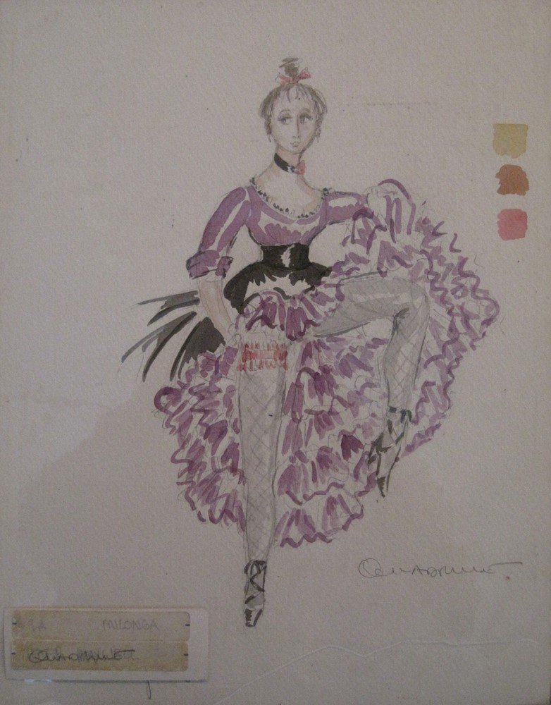 Original Signed Artwork John David Ridge: Original, signed wardrobe design concept by John David Ridge, Broadway designer. This piece is believed to be concept for the play "Quadrille" on Broadway. Pencil and watercolor on paper. Signed, 1982