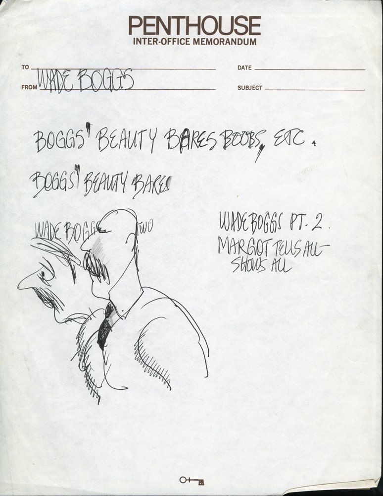 Original Penthouse "Wade Boggs" Sketch by Bob Guccione: An original sketch by Bob Guccione on a Penthouse Inter-Office Memorandum sheet of paper. "Wade Boggs" Boggs garnered non-baseball related media attention in 1989 for his four-year extramarital affair