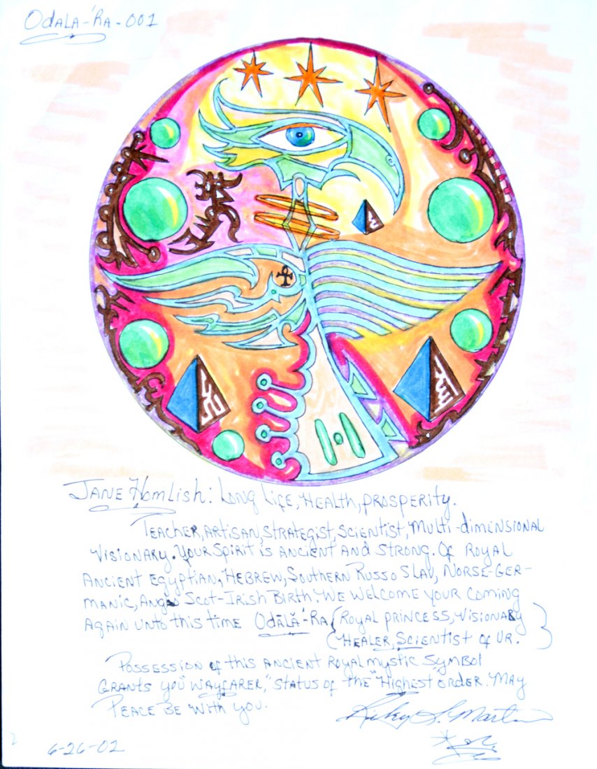 Jane Homelish's Symbol Configuration: This Symbol Configuration is essentially an Aura Reading. It says that Jane Homelish will have a long life filled with good health and prosperity. Great and ancient spirits have granted Ms. Homlish th