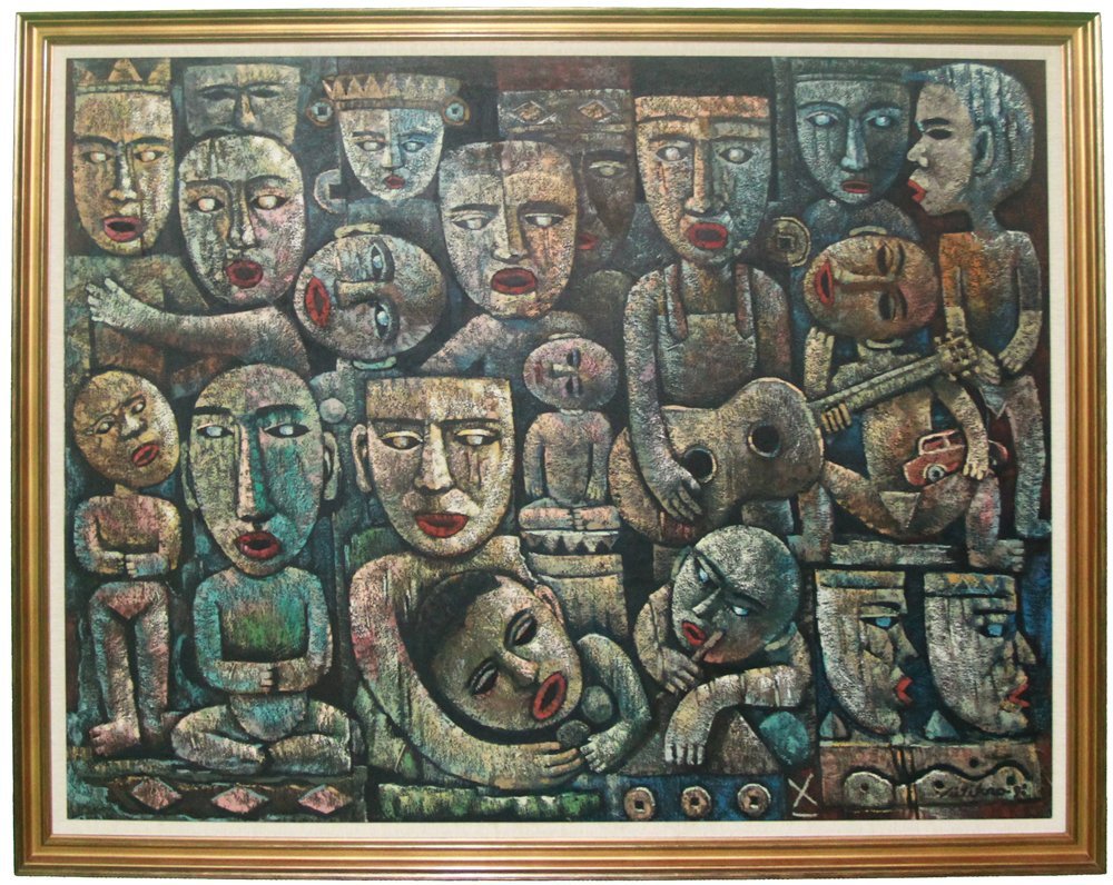 Orig Sutikno Signed Framed Acrylic Painting 45.5x58: Sutikno is an Indonesian painter. This acrylic painting on canvas is called "Faces", and measures 45 1/2 by 58 inches. Please note: Buyer is responsible for shipping charges which may vary between $10