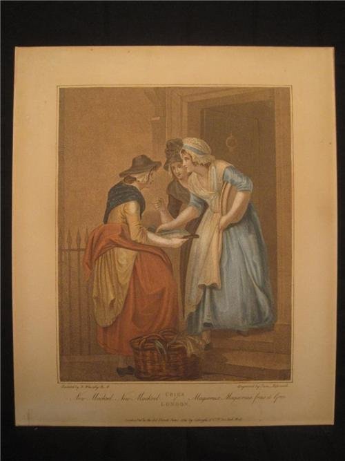 Original Francis Wheatley 1814 Engraving 13.5x16: "Cries of London- New Mackrel New Mackrel" Engraved by Sam Aliprandi The "Cries of "London" was a recurring theme in English printmaking for over three centuries. These colourful prints form a visual