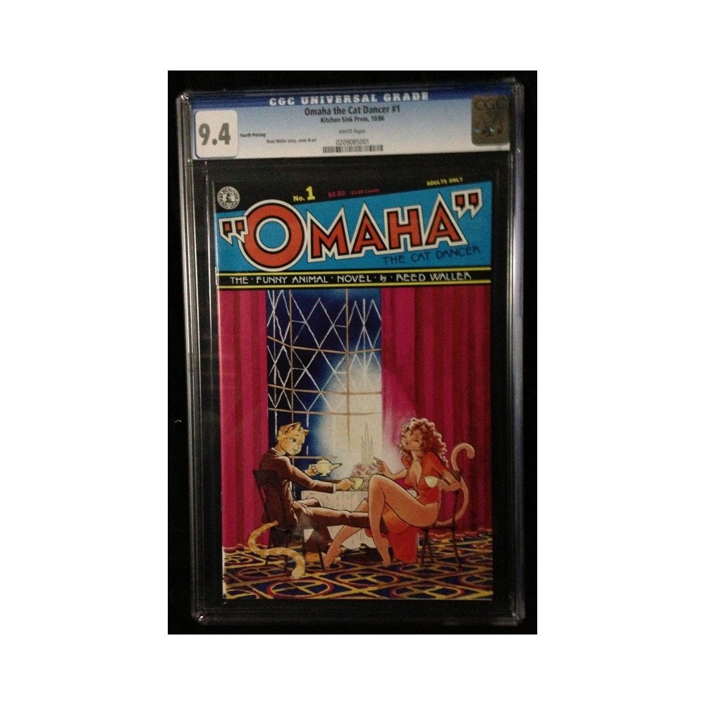 Omaha The Cat Dancer 1986 Kitchen Sink Comix CGC 9.4: "Omaha" the Cat Dancer is an erotic comic strip and later comic book created by artist Reed Waller and writer Kate Worley. Set in the fictional Mipple City, Minnesota (a pastiche of Minneapolis derive