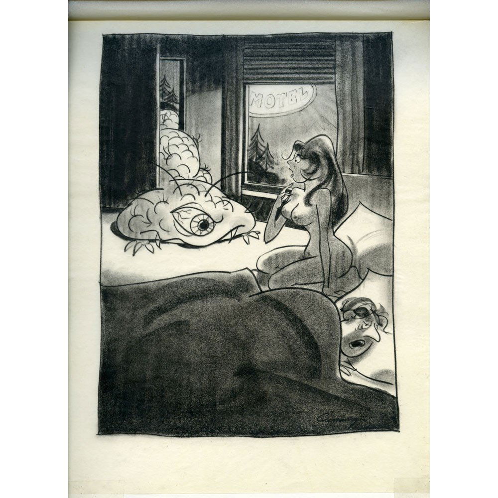 Art Cummings Penthouse Pub 9x12 Charcoal Illustration: An original illustration by Arthur Cummings. Artist: From Dr. Seuss to Penthouse magazine, Art Cummings w