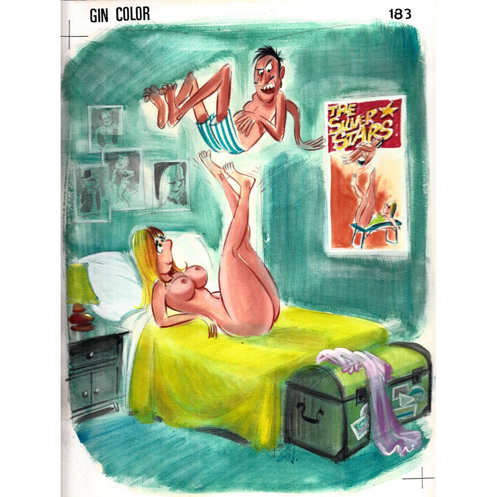 Original Jordi Gines Gin Color #183 Cartoon 9x11.5: Original Jordi Gin Gines watercolor cartoon illustration of "Can't You Ever Stop Thinking About Work?". Artist: Jor