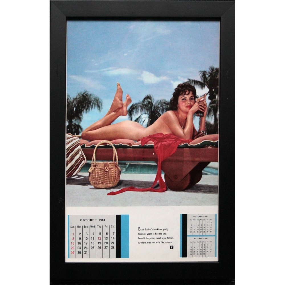 Framed Joyce Nizzari Oct 1961 Orig Playboy Calendar Pg: A rare original 1961 Playboy calendar framed by the Filthy Gorgeous Media staff featuring Joyce Nizzari. "Brisk October's sun-kissed pretty Makes us yearn to flee the city; Beneath the palms, sweet Jo