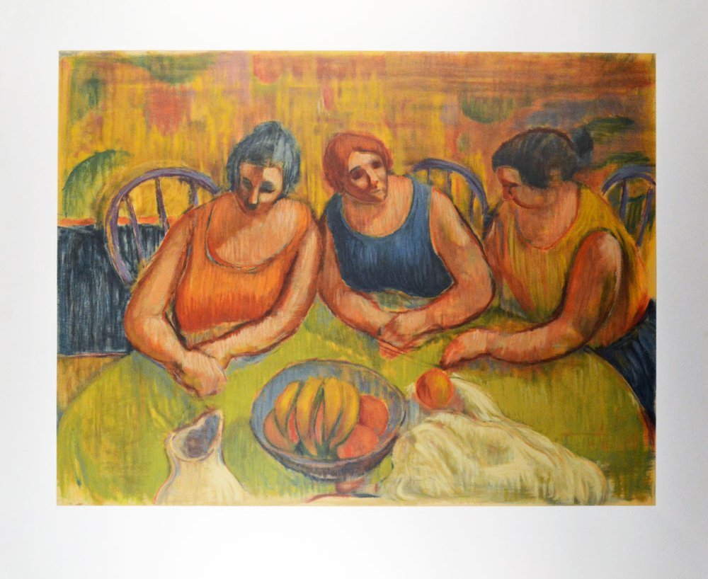 Ltd Ed Bob Guccione 29X35 Lithograph ca. 1990's: Limited edition lithograph ca. 1990's featuring elements of abstract expressionism titled, "Three Women at a Round Table" by Bob Guccione. Paper measures 29 by 35 inches and image measures 22 by 29 in