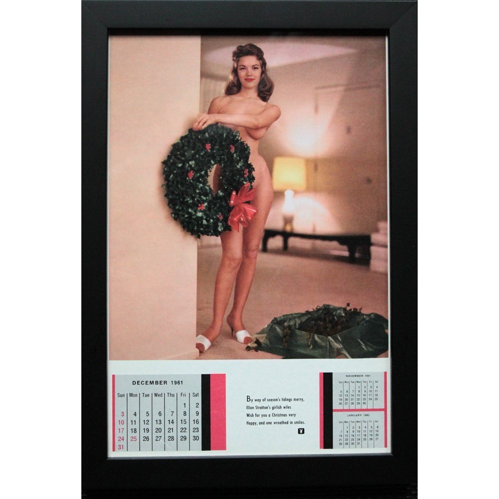 Framed Ellen Stratton Dec 1961 Orig Playboy Cal Page: A rare original 1961 Playboy calendar featuring Ellen Stratton framed by the Filthy Gorgeous Media staff. It contains a quote, "By way of season's tidings merry, Ellen Stratton's girlish wiles Wish fo