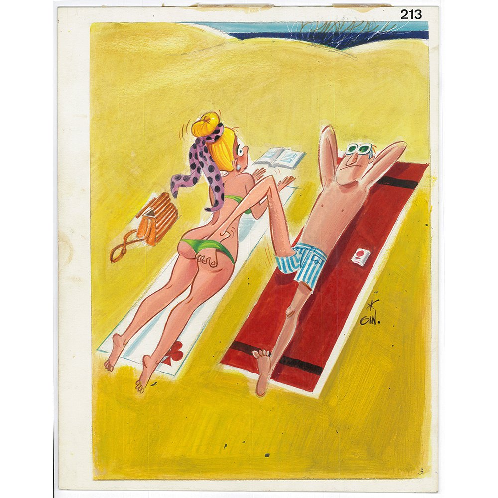 Original Jordi Gines "Bikini Grope" #213 Cartoon 9.5x12: Original Jordi Gin Gines watercolor cartoon illustration of "Bikini Grope" Gincolor No. 213. Artist: