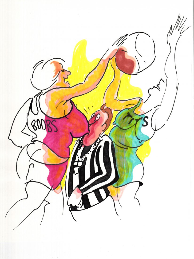 Original Bill Lee 8x10 Marker Cartoon Illustration: This is an original marker cartoon illustration by Bill Lee from his "Extreme Sports" series titled, "Boobs Vs Tits" measuring 8 1/4 by 10 1/4 inches.