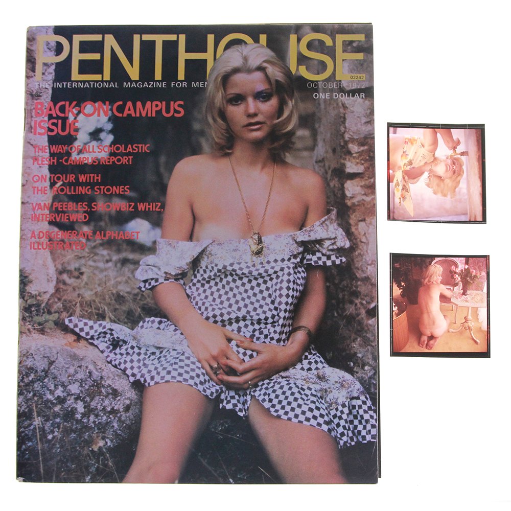 2 Pub Orig 120mm Trans Janet Dunphy & Oct 1972 Mag: Two original 120mm transparencies of Janet Dunphy taken in July 1972 by photographer Bob Guccione, and October 1972 Penthouse Magazine in which they were published.