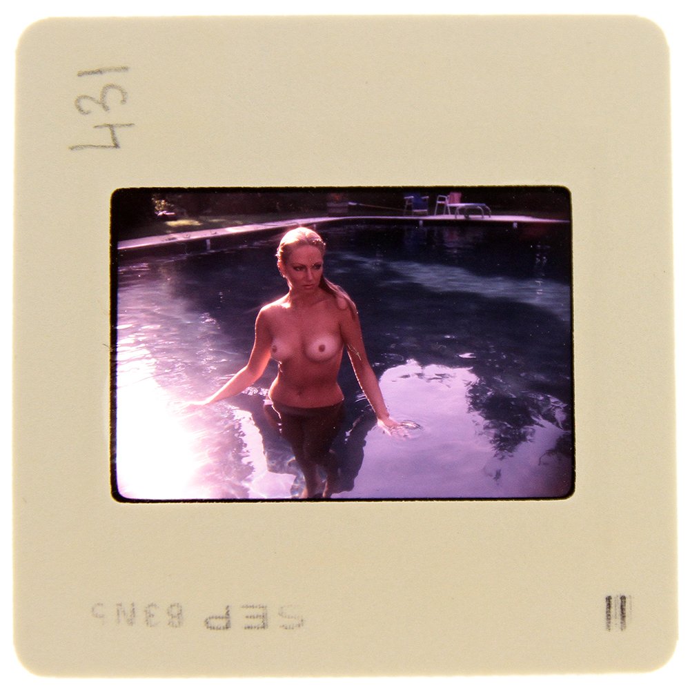 Original 35mm DiVina Celeste 1982 by Bob Guccione: Original nude, erotic, 35mm slide features DiVina Celeste taken by Bob Guccione in 1982. Print and/or markings on the slide mount are original.