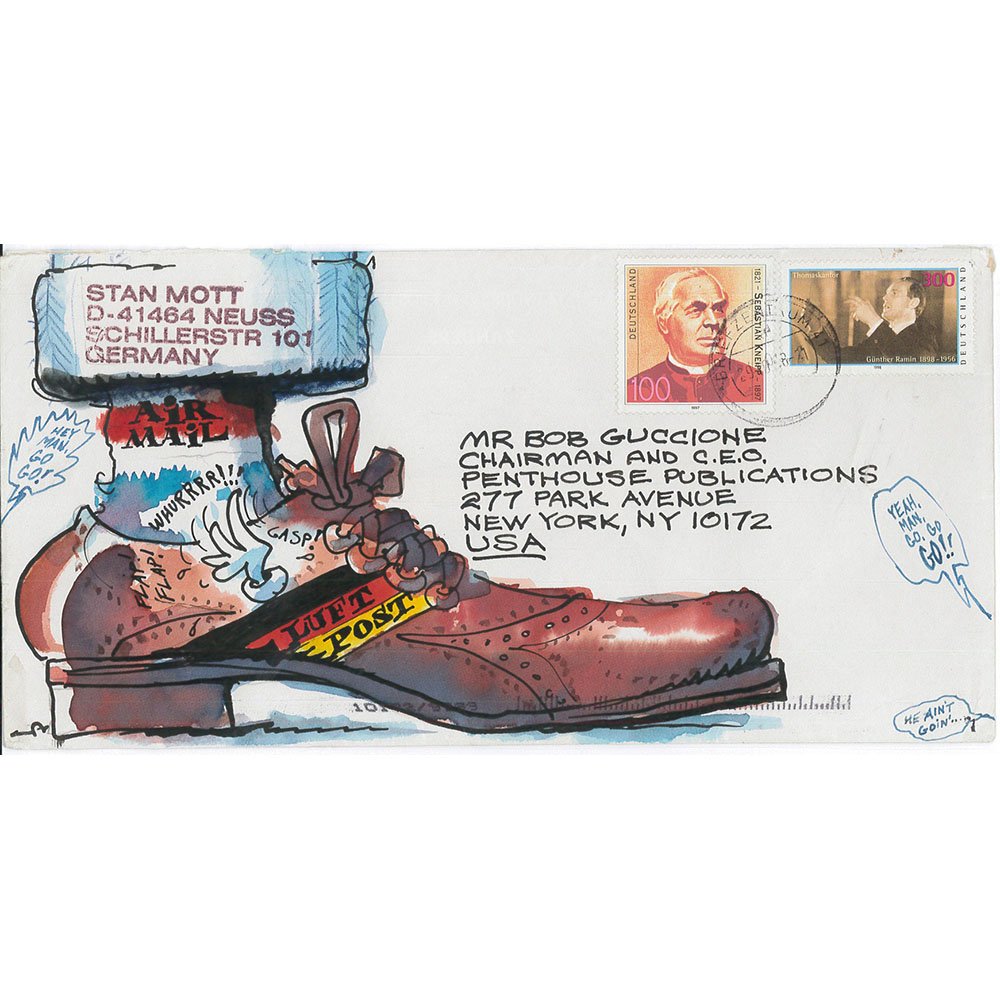 Stan Mott Illustration On Envelope To Bob Guccione: Original Stan Mott watercolor and marker illustration on an envelope addressed to Bob Guccione at Penthouse magazine. Ar