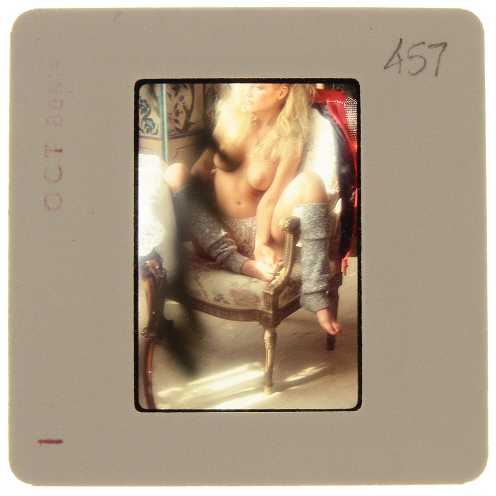 Original 35mm Ginger Miller 1989 By Bob Guccione: Original nude, erotic, 35mm slide features Ginger Miller taken by Bob Guccione in 1989. Print and/or markings on the slide mount are original.