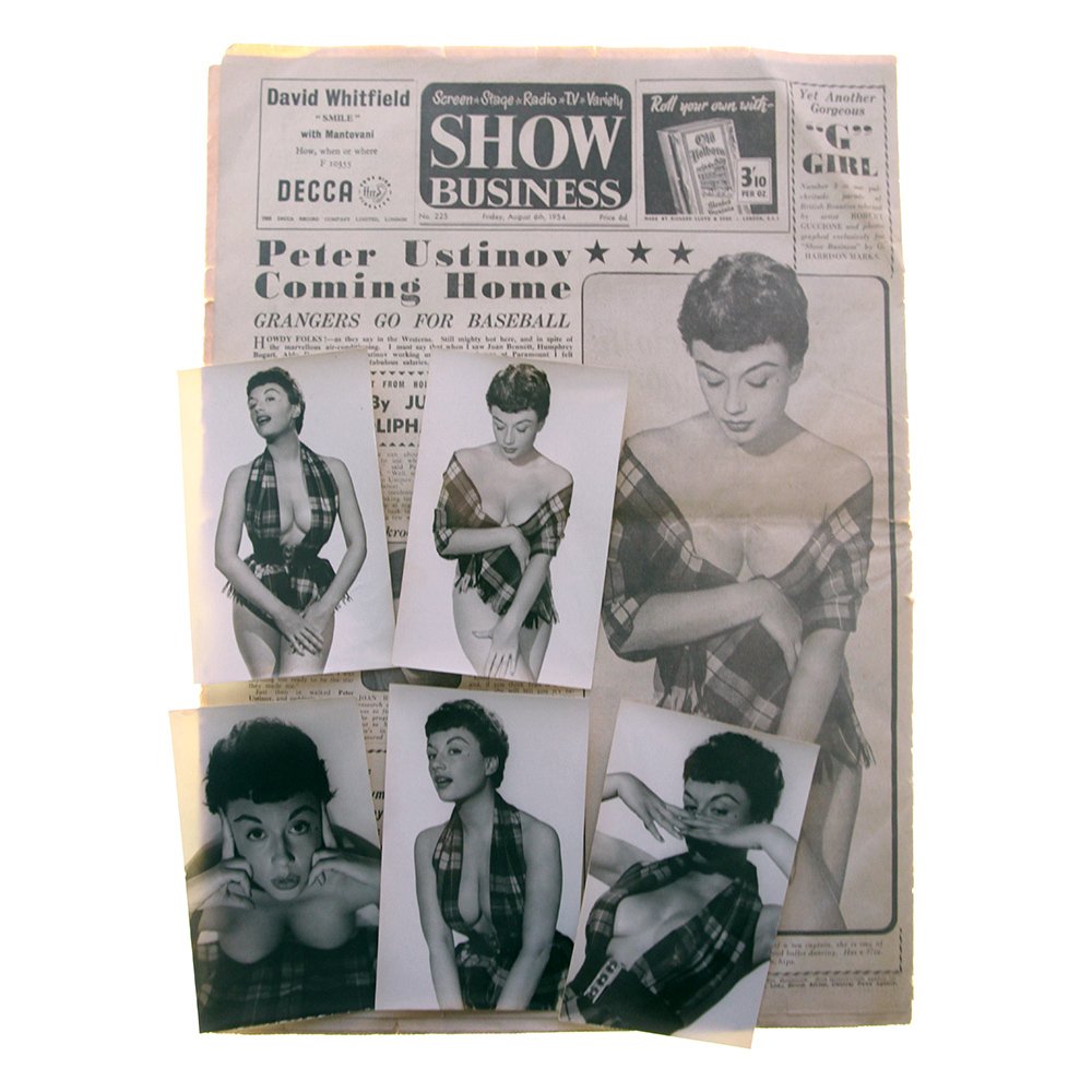 5 Orig B&W Pamela Green 1950s Photos Published w Paper: This is an original Show Business newspaper from 1954. The newspaper features an advertisement by Bob Guccione's "Gucci Girls" photographs. This listing also includes the five original 3 1/2 by 5 1/2 