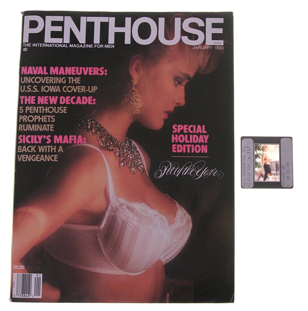 Pub Orig 35mm Stephanie Page By Bob G & Jan 1990 Mag: Published original nude, erotic, 35mm slide features Stephanie Page taken by Bob Guccione in 1989. Lot comes with January 1990 Penthouse magazine, which features Stephanie Page on the cover and as Pet